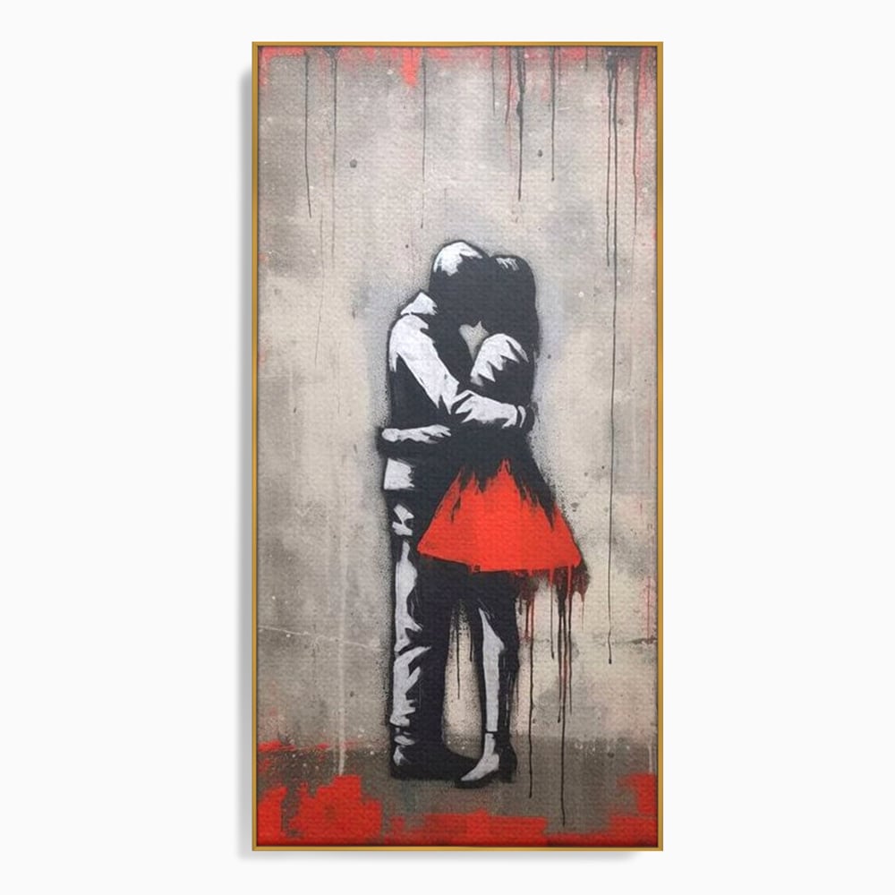 Tablou canvas cu tablou canvas cu doi indragostiti imbratisati, in rama de aluminiu auriu